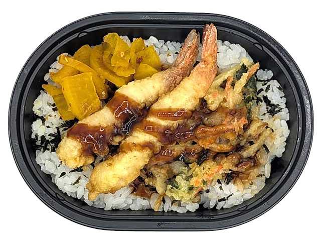 セブンイレブンの甘辛だれで食べる 海老天とかき揚げご飯を比較する。税込価格：464円、カロリー：412kcal、1円あたりカロリー：0.89kcal/円、たんぱく質：8.2g、1円あたりたんぱく質：0.02g/円、脂質：9.6g、炭水化物：73.9g、糖質：72.3g、食物繊維：1.6g、食塩相当量：1.9g。海老天と野菜かき揚げを盛り付けた御飯です。アレルギー：卵、小麦、えび。