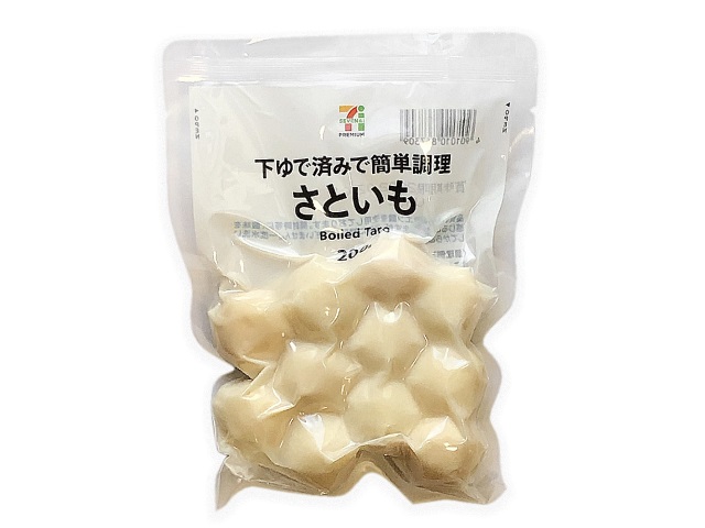 セブンイレブンの７プレミアム さといも水煮。税込価格：268円、カロリー：59kcal、たんぱく質：1.5g、脂質：0.1g、炭水化物：13.4g、糖質：11g、食物繊維：2.4g、食塩相当量：0g。開封したらすぐに使えて時間短縮、便利なさといも水煮。アレルギー：なし。