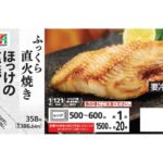 セブンイレブンの７プレミアム ほっけの塩焼を比較する。税込価格：387円、カロリー：121kcal、1円あたりカロリー：0.31kcal/円、たんぱく質：16.4g、1円あたりたんぱく質：0.04g/円、脂質：6.1g、炭水化物：0.1g、糖質：0.1g、食物繊維：0g、食塩相当量：1.1g。直火で焼き上げることで、ふっくら香ばしいほっけの塩焼。アレルギー：なし。