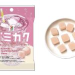 セブンイレブンのセブンプレミアム グミカク スパークリングピーチ。税込価格：108円、カロリー：102kcal、たんぱく質：2g、脂質：0g、炭水化物：23.6g、糖質：23.5g、食物繊維：0.1g、食塩相当量：0g。外はシャリ、中はもちもちのスパークリングピーチ味の四角いグミ。アレルギー：なし。