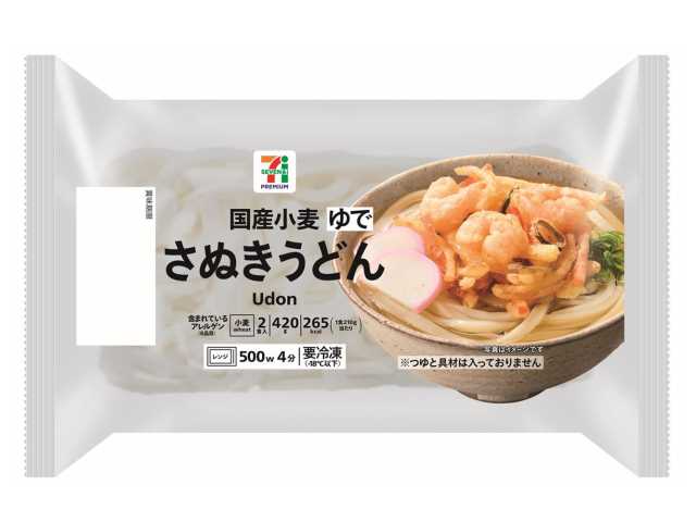 セブンイレブンの７プレミアム さぬきうどん２食を比較する。税込価格：160円、カロリー：265kcal、1円あたりカロリー：1.66kcal/円、たんぱく質：7.4g、1円あたりたんぱく質：0.05g/円、脂質：1.1g、炭水化物：57.1g、糖質：55.4g、食物繊維：1.7g、食塩相当量：0.9g。国産小麦を使用したさぬきうどんです。アレルギー：小麦。
