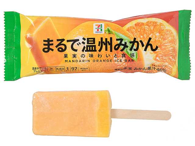 セブンイレブンの７プレミアム まるで温州みかんを比較する。税込価格：192円、カロリー：97kcal、1円あたりカロリー：0.50kcal/円、たんぱく質：0.2g、1円あたりたんぱく質：0.01未満g/円、脂質：0.1g、炭水化物：23.9g、糖質：23.6g、食物繊維：0.3g、食塩相当量：0g。冷凍した果実を食べているかのような食感と果実感が人気の「まるで」シリーズの温州みかん味のアイスバーです。アレルギー：卵、乳。
