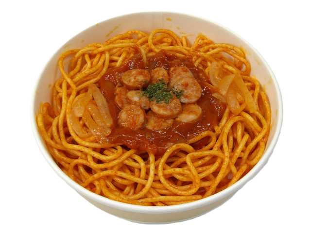 セブンイレブンの太麺仕立ての 昔なつかしナポリタンを比較する。税込価格：454円、カロリー：508kcal、1円あたりカロリー：1.12kcal/円、たんぱく質：16.9g、1円あたりたんぱく質：0.04g/円、脂質：14.4g、炭水化物：80.7g、糖質：74.6g、食物繊維：6.1g、食塩相当量：5g。ケチャップの酸味と甘味が感じられるソースと、太麺で仕立てた昔なつかしいナポリタンです。具材には、玉葱とポークソーセージを盛り付けしております。アレルギー：乳、小麦。