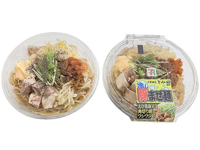 セブンイレブンの中華蕎麦とみ田監修 冷し豚まぜ麺を比較する。税込価格：734円、カロリー：708kcal、1円あたりカロリー：0.96kcal/円、たんぱく質：28.2g、1円あたりたんぱく質：0.04g/円、脂質：24.5g、炭水化物：98.7g、糖質：88.8g、食物繊維：9.9g、食塩相当量：7.4g。人気ラーメン店「中華蕎麦とみ田」監修の、食べ応えある冷し豚骨醤油まぜ麺です。アレルギー：卵、乳、小麦、えび。