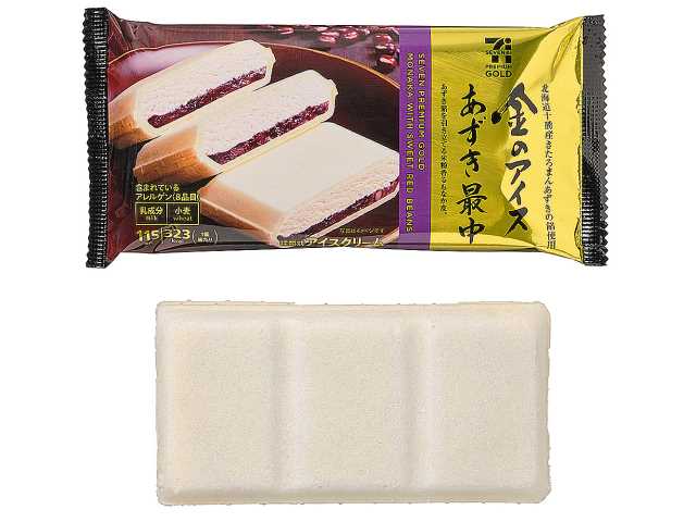 セブンイレブンの７プレミアムゴールド 金のアイスあずき最中を比較する。税込価格：322円、カロリー：323kcal、1円あたりカロリー：1.00kcal/円、たんぱく質：3.9g、1円あたりたんぱく質：0.01g/円、脂質：12.8g、炭水化物：49.2g、糖質：46.7g、食物繊維：2.5g、食塩相当量：0.1g。北海道十勝産きたろまんあずきの餡を使用し、クリームの配合を見直して小豆本来の風味が際立つ仕立てに改良しました。アレルギー：乳、小麦。