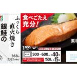 セブンイレブンの７プレミアム 銀鮭の塩焼を比較する。税込価格：397円、カロリー：154kcal、1円あたりカロリー：0.39kcal/円、たんぱく質：15.5g、1円あたりたんぱく質：0.04g/円、脂質：10.2g、炭水化物：0.1g、糖質：0.1g、食物繊維：0g、食塩相当量：1.1g。脂ののった銀鮭を直火でしっかり皮まで香ばしく焼き上げました。レンジで温めるだけで手軽に食べられます。アレルギー：なし。