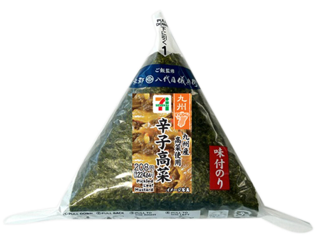 セブンイレブンの味付のりおにぎり 辛子高菜（九州産高菜使用）を比較する。税込価格：225円、カロリー：174kcal、1円あたりカロリー：0.77kcal/円、たんぱく質：3.2g、1円あたりたんぱく質：0.01g/円、脂質：2.1g、炭水化物：36.5g、糖質：34.4g、食物繊維：2.1g、食塩相当量：1g。九州産高菜をラー油・ごま油で炒めて旨味・辛味を感じられるおにぎりです。アレルギー：小麦。
