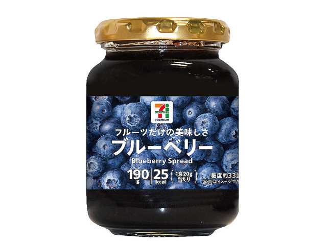 セブンイレブンの７Ｐ フルーツだけの 美味しさブルーベリーを比較する。税込価格：408円、カロリー：25kcal、1円あたりカロリー：0.06kcal/円、たんぱく質：0.1g、1円あたりたんぱく質：0.01未満g/円、脂質：0g、炭水化物：6.5g、糖質：6.1g、食物繊維：0.4g、食塩相当量：0g。果実の味わいを最大限に活かしたフルーツだけで仕上げたスプレッドです。アレルギー：なし。