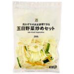 セブンイレブンの７プレミアム 五目野菜炒めセット。税込価格：119円、カロリー：18kcal、たんぱく質：1.6g、脂質：0.1g、炭水化物：3.6g、糖質：2.1g、食物繊維：1.5g、食塩相当量：0g。炒め物を中心にあらゆる料理に使えて無駄がない便利な野菜キットです。アレルギー：なし。