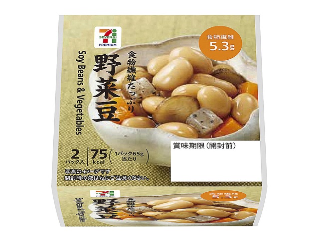 セブンイレブンの７プレミアム 野菜豆を比較する。税込価格：181円、カロリー：75kcal、1円あたりカロリー：0.41kcal/円、たんぱく質：4.2g、1円あたりたんぱく質：0.02g/円、脂質：2g、炭水化物：12.8g、糖質：7.5g、食物繊維：5.3g、食塩相当量：0.8g。ご飯のおかずにピッタリの野菜豆です。２回に分けて便利に食べることができます。アレルギー：小麦。