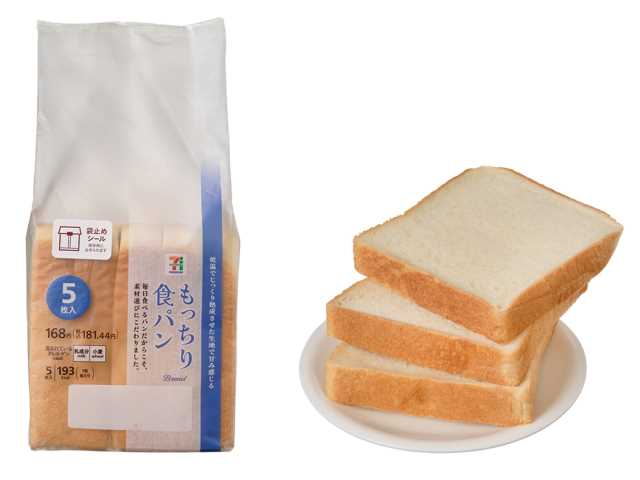 セブンイレブンの７プレミアム もっちり食パン ５枚入を比較する。税込価格：181円、カロリー：193kcal、1円あたりカロリー：1.06kcal/円、たんぱく質：7.8g、1円あたりたんぱく質：0.04g/円、脂質：2g、炭水化物：36.8g、糖質：35.1g、食物繊維：1.7g、食塩相当量：0.7g。低温でじっくり発酵させた、ほんのり甘みを感じる、しっとりもっちり食感の食パンです。アレルギー：乳、小麦。