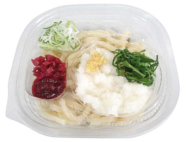 セブンイレブンの愛知県産大葉使用 冷し梅おろしうどんを比較する。税込価格：540円、カロリー：398kcal、1円あたりカロリー：0.74kcal/円、たんぱく質：8.2g、1円あたりたんぱく質：0.02g/円、脂質：1.4g、炭水化物：90.7g、糖質：85.6g、食物繊維：5.1g、食塩相当量：5.5g。愛知県産の大葉を使用し､2種類の梅と大根おろしで食べ進めるさっぱりとしたうどんです｡。アレルギー：小麦。