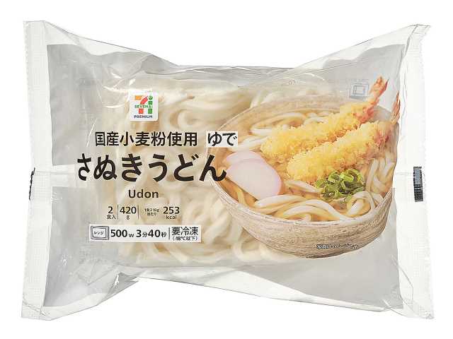 セブンイレブンの７プレミアム さぬきうどん２食を比較する。税込価格：160円、カロリー：253kcal、1円あたりカロリー：1.58kcal/円、たんぱく質：6.5g、1円あたりたんぱく質：0.04g/円、脂質：1.1g、炭水化物：54.2g、糖質：52.3g、食物繊維：1.9g、食塩相当量：1g。国産小麦粉を使った、さぬきうどんです。アレルギー：小麦。
