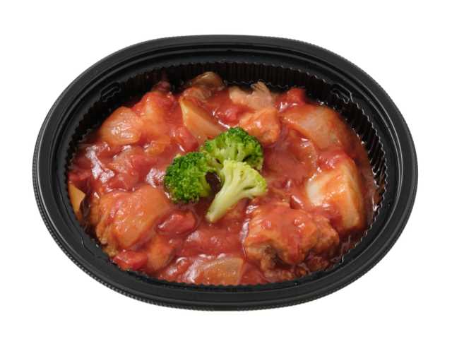 セブンイレブンの鶏のトマト煮を比較する。税込価格：430円、カロリー：161kcal、1円あたりカロリー：0.37kcal/円、たんぱく質：17.7g、1円あたりたんぱく質：0.04g/円、脂質：5.5g、炭水化物：11.8g、糖質：8.7g、食物繊維：3.1g、食塩相当量：1.5g。鶏肉とジャガイモに黄ピーマン，ブロッコリーを組み合わせたトマト煮です。アレルギー：乳、小麦。