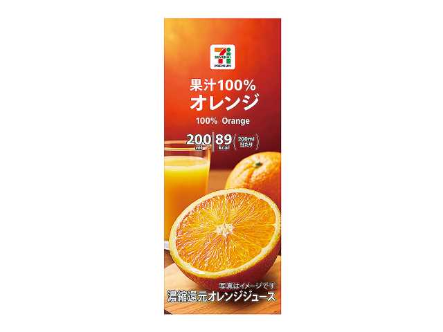 セブンイレブンの７プレミアム オレンジ果汁１００％２００ｍｌを比較する。税込価格：138円、カロリー：89kcal、1円あたりカロリー：0.64kcal/円、たんぱく質：1.3g、1円あたりたんぱく質：0.01g/円、脂質：0g、炭水化物：20.7g、糖質：20.3g、食物繊維：0.4g、食塩相当量：0.2g。オレンジ果汁１００％ジュース。アレルギー：なし。