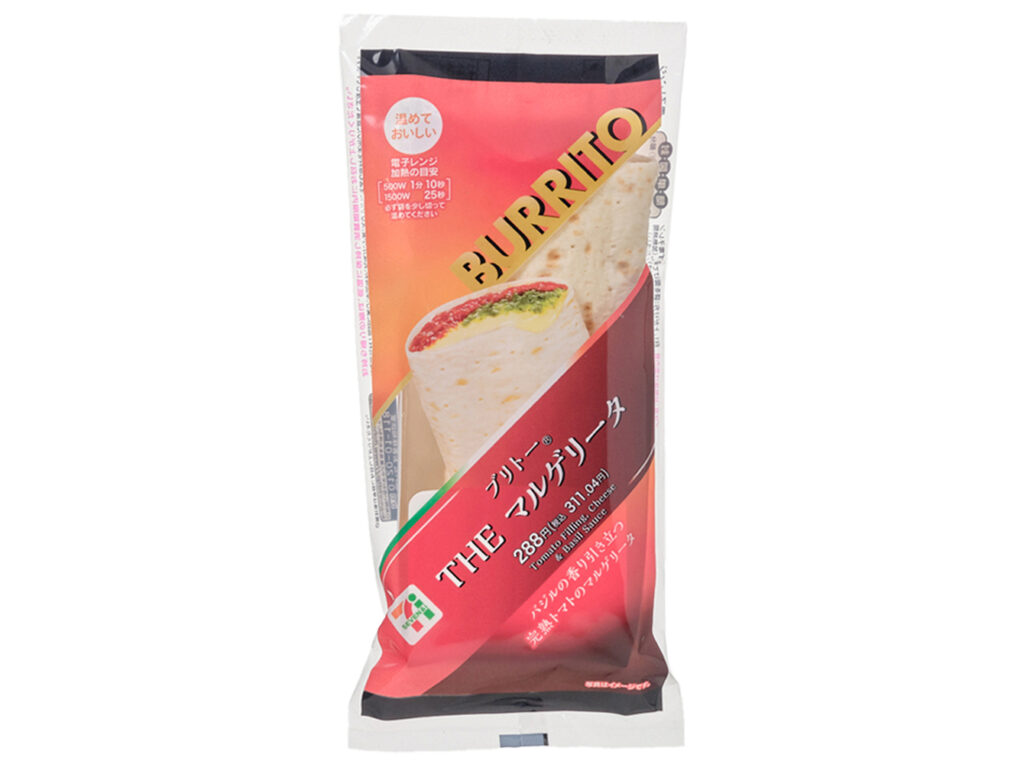 セブンイレブンのブリトーＴＨＥマルゲリータを比較する。税込価格：311円、カロリー：268kcal、1円あたりカロリー：0.86kcal/円、たんぱく質：12.7g、1円あたりたんぱく質：0.04g/円、脂質：9.9g、炭水化物：33g、糖質：31.2g、食物繊維：1.8g、食塩相当量：1.2g。完熟トマトとバジルソースの旨味と香りが感じられるマルゲリータ風のブリトーです。アレルギー：卵、乳、小麦。