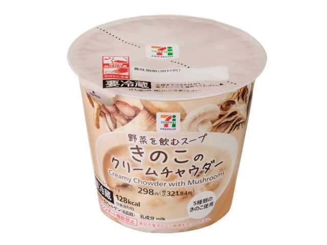 セブンイレブンの７Ｐ きのこのクリームチャウダーを比較する。税込価格：322円、カロリー：128kcal、1円あたりカロリー：0.40kcal/円、たんぱく質：3.2g、1円あたりたんぱく質：0.01g/円、脂質：6.7g、炭水化物：15.2g、糖質：12.4g、食物繊維：2.8g、食塩相当量：1.7g。きのこと野菜をよく炒め、旨味と香りを引き出したきのこのクリームチャウダーです。アレルギー：乳。