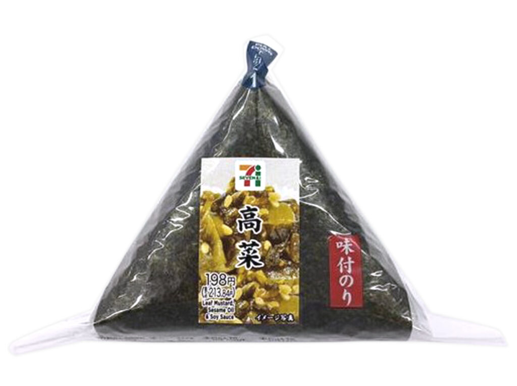 セブンイレブンの味付のり 高菜を比較する。税込価格：214円、カロリー：174kcal、1円あたりカロリー：0.81kcal/円、たんぱく質：3.4g、1円あたりたんぱく質：0.02g/円、脂質：1.6g、炭水化物：37.5g、糖質：35.3g、食物繊維：2.2g、食塩相当量：1.2g。出汁とごま油の旨味に、程よい辛味をきかせた高菜を中具にしたおにぎりです。アレルギー：小麦。