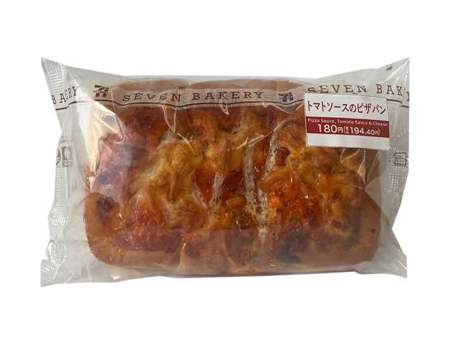 セブンイレブンのトマトソースのピザパンを比較する。税込価格：194円、カロリー：359kcal、1円あたりカロリー：1.85kcal/円、たんぱく質：9.7g、1円あたりたんぱく質：0.05g/円、脂質：15.1g、炭水化物：47g、糖質：45g、食物繊維：2g、食塩相当量：1.5g。ガーリックの香ばしい風味が特長のトマトソースと、チーズを生地に乗せてふんわりと焼き上げた惣菜パンです。アレルギー：卵、乳、小麦。