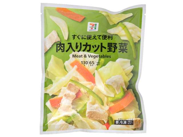 セブンイレブンの７プレミアム 肉入りカット野菜。税込価格：149円、カロリー：65kcal、たんぱく質：2.1g、脂質：4.2g、炭水化物：5.1g、糖質：3g、食物繊維：2.1g、食塩相当量：0g。色々な料理に使える冷凍食品の「肉入りカット野菜」です。アレルギー：なし。