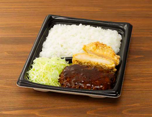 ハンバーグ＆鶏竜田揚げ弁当 ローソン 肉の旨みを閉じ込めたハンバーグとチキンの竜田揚げが入った、満足感のあるお弁当。