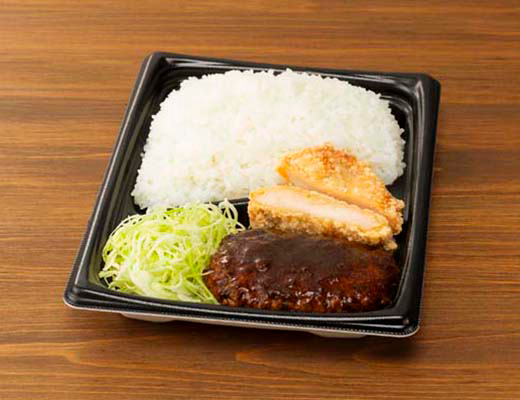 ごはん大盛！ハンバーグ＆鶏竜田揚げ弁当 ローソン 肉の旨みを閉じ込めたハンバーグとチキンの竜田揚げが入った、満足感のあるお弁当。