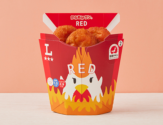 ローソンのからあげクン レッド。税込価格：288円、カロリー：225kcal、たんぱく質：14.3g、脂質：15.1g、炭水化物：8.1g、糖質：7.6g、食物繊維：0.5g、食塩相当量：1.7g。