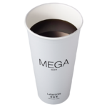 ローソンのメガホットコーヒー。税込価格：360円、カロリー：17kcal、たんぱく質：0.9g、脂質：0g、炭水化物：3.4g、糖質：3g、食物繊維：0.4g、食塩相当量：0g。