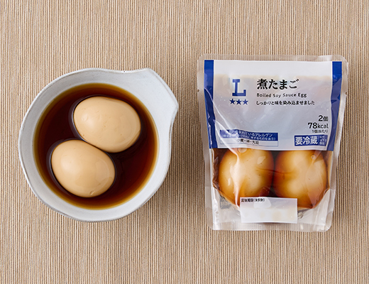 ローソンの煮たまご。税込価格：259円、カロリー：78kcal、たんぱく質：6.5g、脂質：5.5g、炭水化物：0.6g、糖質：0.4g、食物繊維：0.2g、食塩相当量：0.7g。
