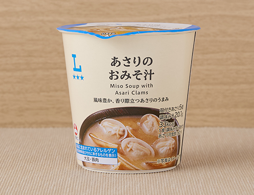 ローソンのあさりのおみそ汁を比較する。税込価格：168円、カロリー：33kcal、1円あたりカロリー：0.20kcal/円、たんぱく質：2.9g、1円あたりたんぱく質：0.02g/円、脂質：1g、炭水化物：3.6g、糖質：2.7g、食物繊維：0.9g、食塩相当量：2g。