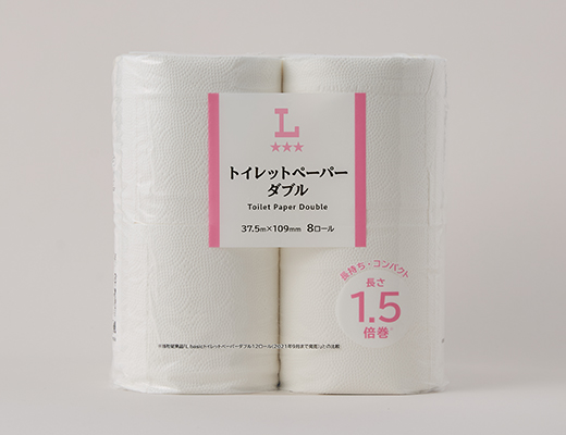 ローソンのトイレットペーパー ダブル 長さ1.5倍巻を比較する。税込価格：471円。
