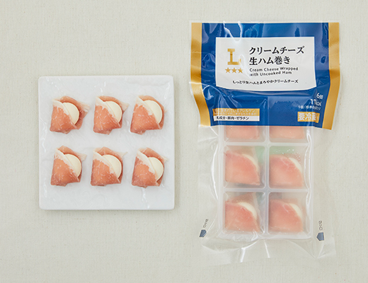 ローソンのクリームチーズ生ハム巻き。税込価格：570円、カロリー：17kcal、たんぱく質：1.4g、脂質：1.2g、炭水化物：0.2g、糖質：0.2g、食物繊維：0g、食塩相当量：0.3g。