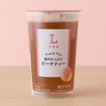 ローソンの果汁たっぷり ピーチティー。税込価格：168円、カロリー：98kcal、たんぱく質：0g、脂質：0g、炭水化物：24.5g、糖質：24.5g、食物繊維：0g、食塩相当量：0g。