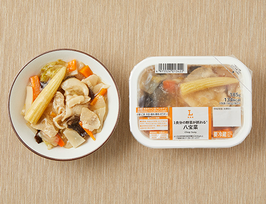 ローソンの1食分の野菜が摂れる 八宝菜。税込価格：441円、カロリー：134kcal、たんぱく質：5.5g、脂質：8.1g、炭水化物：11g、糖質：8.5g、食物繊維：2.5g、食塩相当量：2.2g。