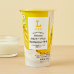 ローソンののむヨーグルト Mottainaiバナナ。税込価格：188円、カロリー：123kcal、たんぱく質：5.8g、脂質：0.2g、炭水化物：24.7g、糖質：24.2g、食物繊維：0.4g、食塩相当量：0.2g。