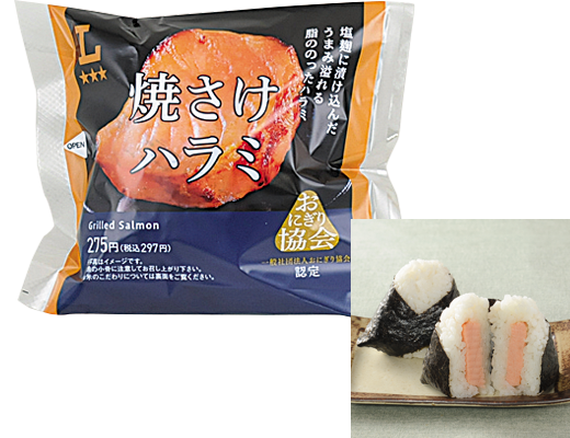ローソンのプレミアムおにぎり 焼さけハラミ。税込価格：297円、カロリー：204kcal、たんぱく質：6.6g、脂質：3.3g、炭水化物：37.5g、糖質：36.6g、食物繊維：0.9g、食塩相当量：1.5g。