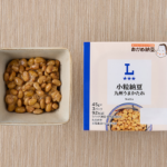 ローソンの小粒納豆 九州うまかたれ。税込価格：113円、カロリー：92kcal、たんぱく質：7.4g、脂質：4.3g、炭水化物：7.4g、糖質：4.3g、食物繊維：3.1g、食塩相当量：0.5g。