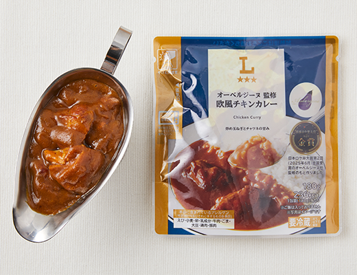 ローソンのオーベルジーヌ監修 欧風チキンカレー。税込価格：430円、カロリー：236kcal、たんぱく質：13.1g、脂質：10.8g、炭水化物：23.4g、糖質：19.8g、食物繊維：3.6g、食塩相当量：2.5g。