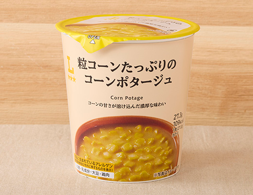 ローソンの粒コーンたっぷりのコーンポタージュを比較する。税込価格：178円、カロリー：109kcal、1円あたりカロリー：0.61kcal/円、たんぱく質：1.9g、1円あたりたんぱく質：0.01g/円、脂質：2.5g、炭水化物：20.4g、糖質：19.3g、食物繊維：1.1g、食塩相当量：1.4g。