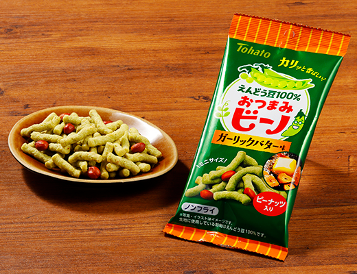東ハト　おつまみビーノ　ガーリックバター味 ローソン 硬めに仕上げたえんどう豆スナックにピーナッツを合わせた商品。