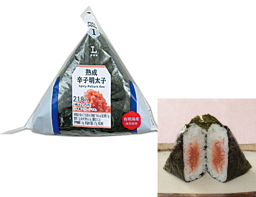 ローソンの手巻おにぎり 熟成辛子明太子。税込価格：235円、カロリー：174kcal、たんぱく質：5.1g、脂質：1.1g、炭水化物：36.6g、糖質：35.2g、食物繊維：1.4g、食塩相当量：1.4g。