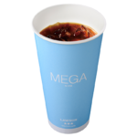 ローソンのメガアイスコーヒー。税込価格：360円、カロリー：10kcal、たんぱく質：1g、脂質：0g、炭水化物：2g、糖質：1.5g、食物繊維：0.5g、食塩相当量：0g。