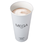 ローソンのメガホットカフェラテ。税込価格：380円、カロリー：181kcal、たんぱく質：9.7g、脂質：10.4g、炭水化物：16.1g、糖質：15.7g、食物繊維：0.4g、食塩相当量：0.3g。
