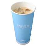 ローソンのメガアイスカフェラテ。税込価格：390円、カロリー：157kcal、たんぱく質：8.9g、脂質：9.2g、炭水化物：13.4g、糖質：12.9g、食物繊維：0.5g、食塩相当量：0.3g。