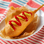 ローソンのジャンボアメリカンドッグ。税込価格：148円、カロリー：276kcal、たんぱく質：6.2g、脂質：12.5g、炭水化物：35.9g、糖質：33.2g、食物繊維：2.7g、食塩相当量：1.6g。