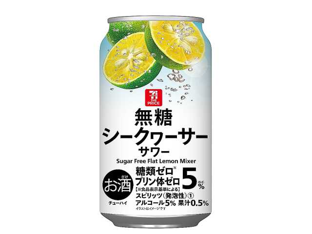 セブンイレブンの７ザ・プライス 無糖シークヮーサーサワー ３５０ｍｌを比較する。税込価格：102円。アルコール度数5%の無糖シークヮーサーサワーです。
