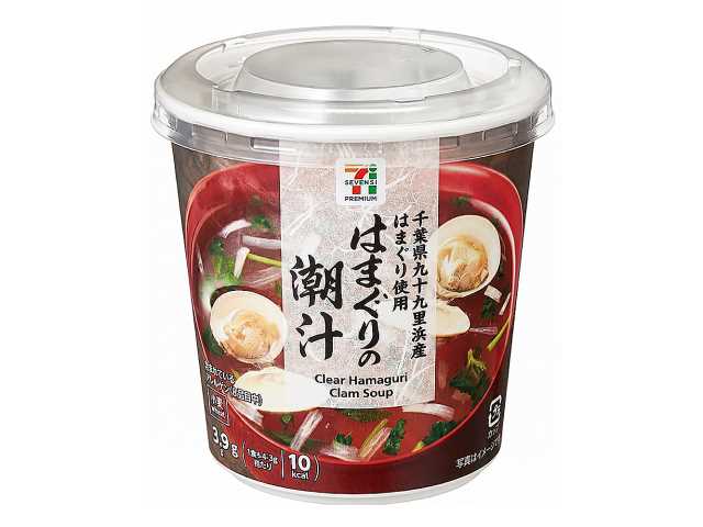 セブンイレブンの７プレミアム カップ 千葉県九十九里浜産 はまぐりの潮汁を比較する。税込価格：268円、カロリー：10kcal、たんぱく質：1.1g、脂質：0.1g、炭水化物：1.3g、糖質：1.1g、食物繊維：0.2g、食塩相当量：2.4g。千葉県九十九里浜産はまぐりを使用したカップ汁です。アレルギー：小麦。