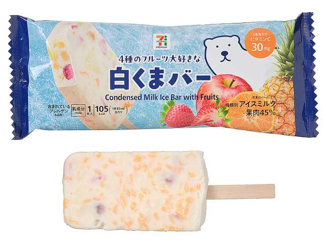 セブンイレブンの７プレミアム ４種のフルーツ 大好きな白くまバーを比較する。税込価格：203円、カロリー：105kcal、たんぱく質：1.5g、脂質：2.3g、炭水化物：19.8g、糖質：19.2g、食物繊維：0.6g、食塩相当量：0.1g。みかん、いちご、パイン、りんごの４種類の果肉がゴロゴロ入った白くまバーです。アレルギー：乳。