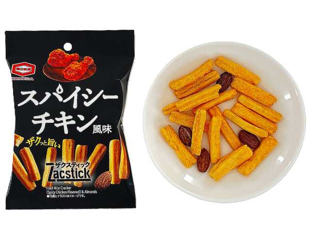 セブンイレブンの亀田製菓 ザクスティック スパイシーチキン風味を比較する。税込価格：161円。アレルギー：小麦。