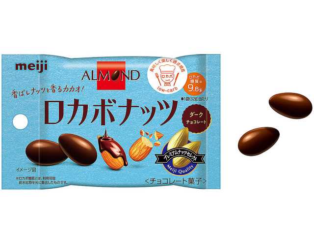 セブンイレブンの明治ロカボナッツアーモンド ダークチョコレートポケットパックを比較する。税込価格：189円。アレルギー：乳。